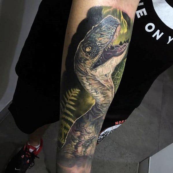Realistic 3d Dinosaur Jurassic Park Male Tattoo Forearm Sleeve Designs