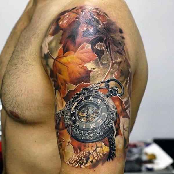 Realistic Pocket Watch With Fall Leaves Mens Half Sleeve 3d Tattoos