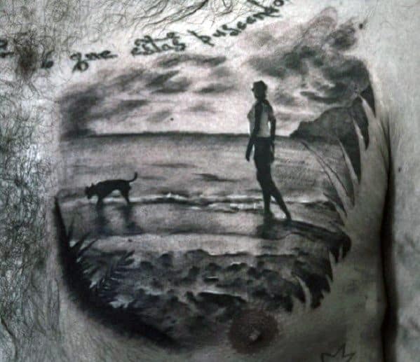 Realistic Small Man Walking Beach With Dog Mens Chest Tattoo