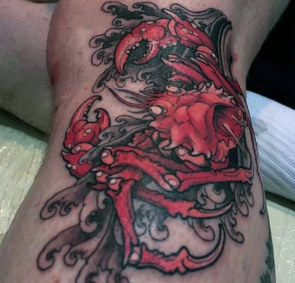 Red And Black Ink Mens Ornate Crab Tattoo On Leg