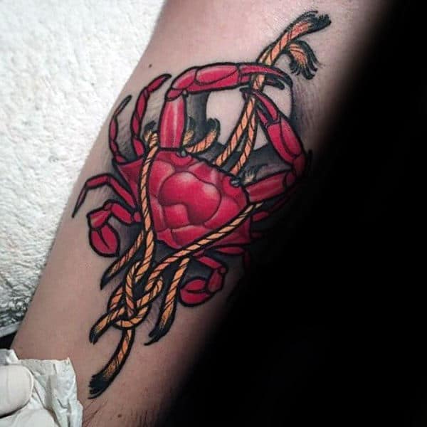 Red Crab With Rope Mens Arm Tattoos