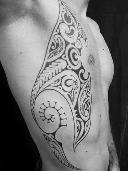 Rib Cage Side And Chest Stingray Tattoo For Men With Tribal Design