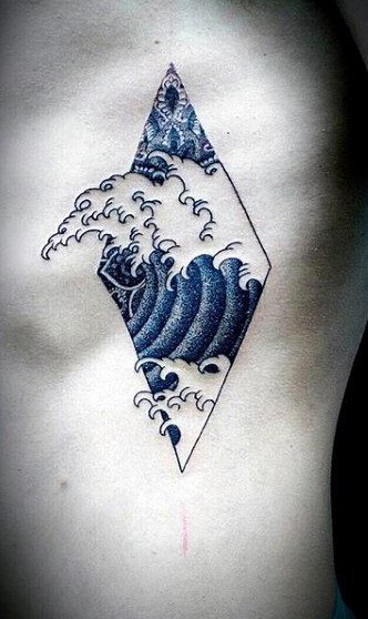 Rib Cage Side Japanese Wave Guys Ocean Tattoo Designs