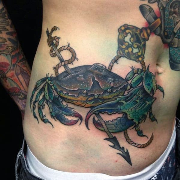Rib Cage Side Mens Crab With Spear Tattoo Designs