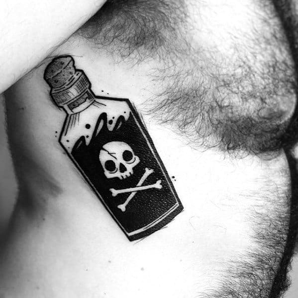 Rib Cage Side Of Body Negative Space Skull Poison Bottle Male Tattoo Ideas