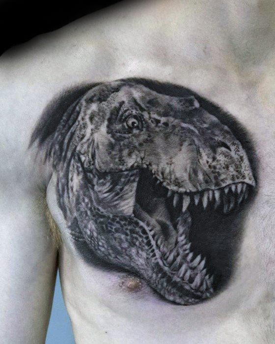 Roaring Dinosaur Jurassic Park Tattoo Design Ideas For Males On Upper Chest