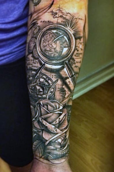 Rose Flower And Compass Men S Tattoo Ideas