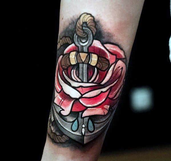 Rose Flower With Anchor Male Unique Forearm Tattoos