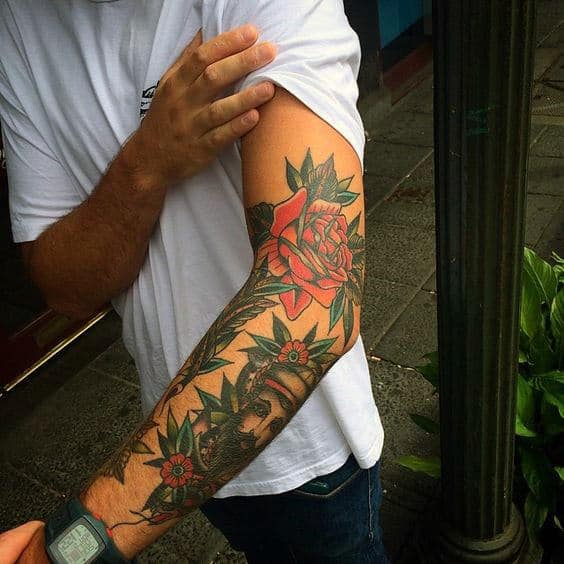 Rose Flower With Sailor Guys Forearm Traditional Sleeve Tattoo