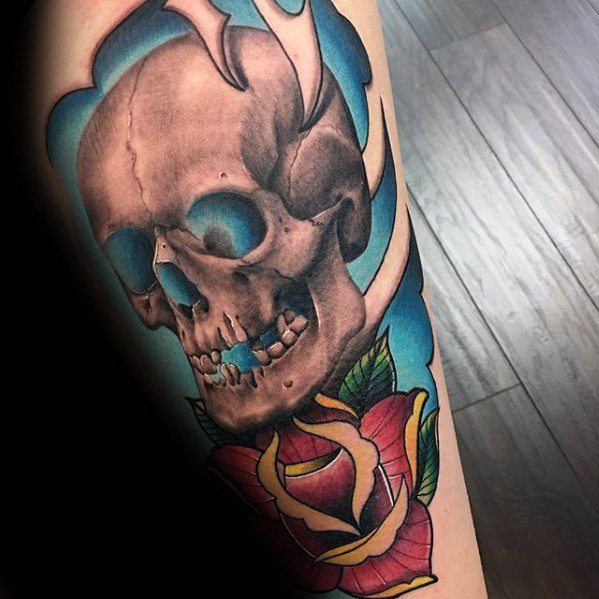 Rose Flower With Unique Skull Guys Cool Leg Tattoo Designs