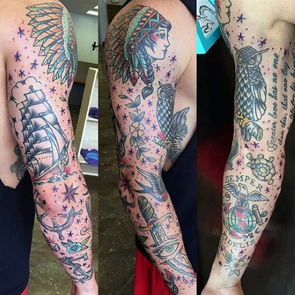 Sailing Ship With Dagger Traditional Sleeve Male Tattoos