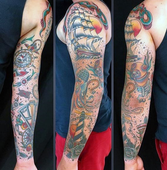 Sailing Ship With Lighthouse Mens Traditional Sleeve Tattoo Inspiration