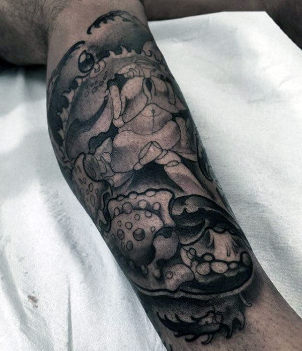 Shaded Black And Grey Ink Mens Crab Leg Sleeve Tattoos