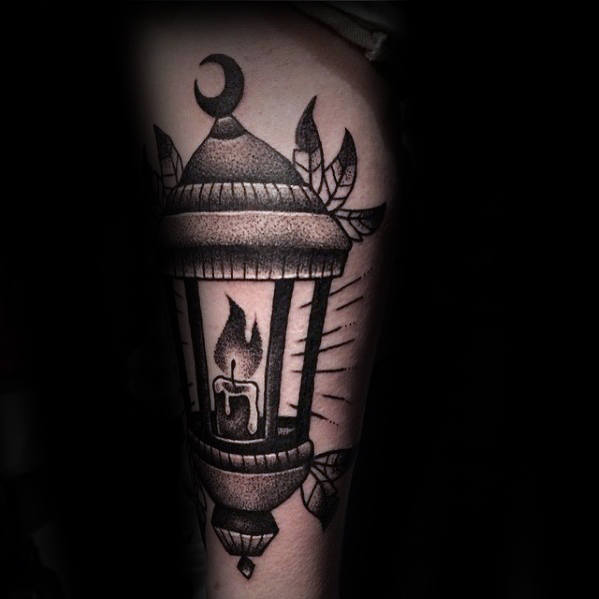 Shaded Black And Grey Traditional Lantern Thigh Tattoo For Men