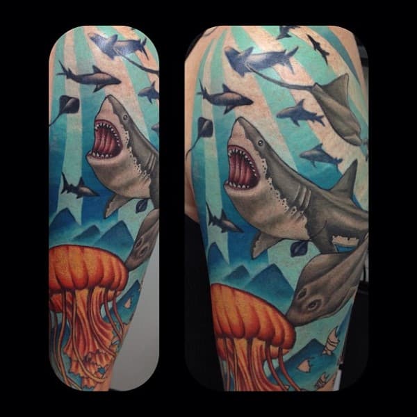 Shark With Jellyfish And Stingray Ocean Themed Male Tattoos On Arm