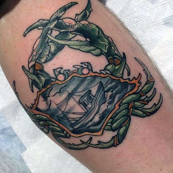 Ship Inside Green Crab Mens Leg Calf Tattoo Designs