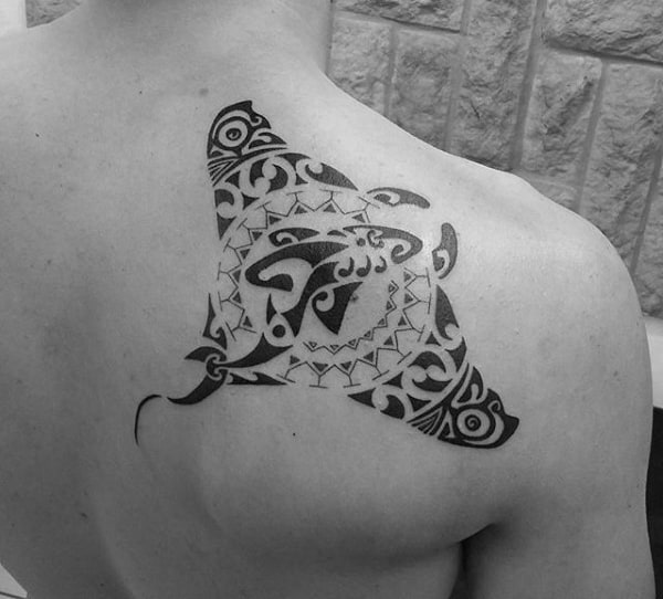 Shoulder Stingray And Shark Tribal Male Tattoos