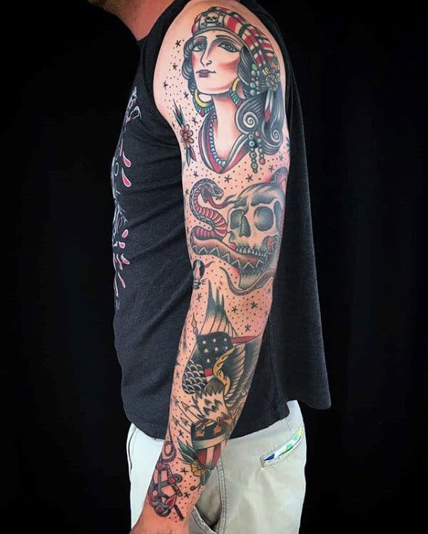 Skull And Snake Traditional Male Sleeve Tattoo