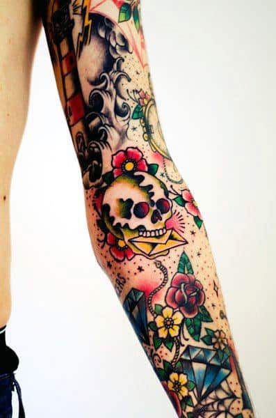 Skull With Letter Traditional Male Full Arm Sleeve Ideas