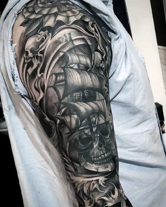 Sleeve Sailing Ship With Unique Skull Mens Tattoo Deisgns