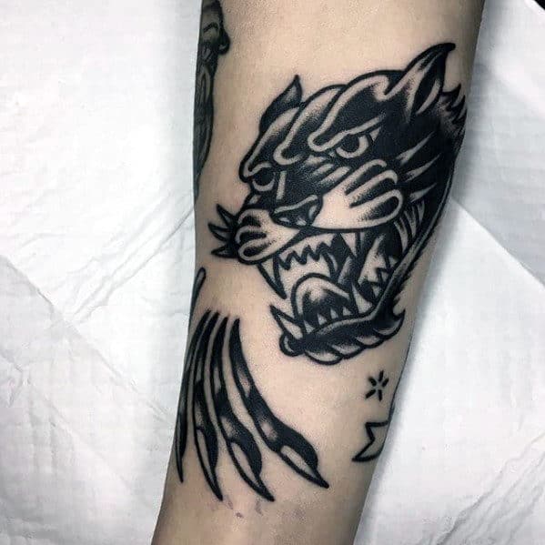 Small Black Ink Shaded Guys Traditional Panther Claw Forearm Tattoo