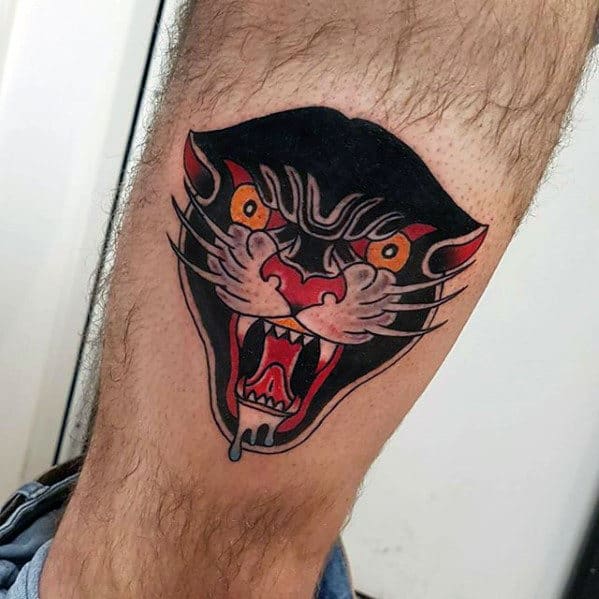 Small Guys Old School Panther Head Traditional Tattoo On Leg
