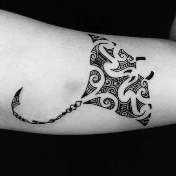 Small Stingray Tribal Arm Tattoo Design Inspiration For Guys