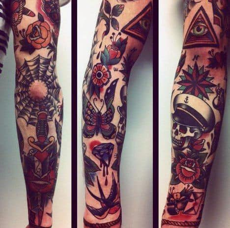 Spider Web With Sailor Skull Traditional Male Sleeve Tattoo