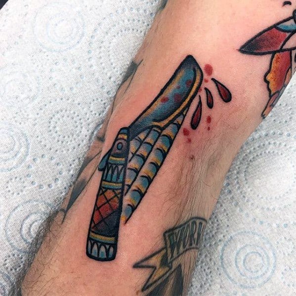 Straight Razor Blade Traditional Forearm Filler Tattoo Design On Man