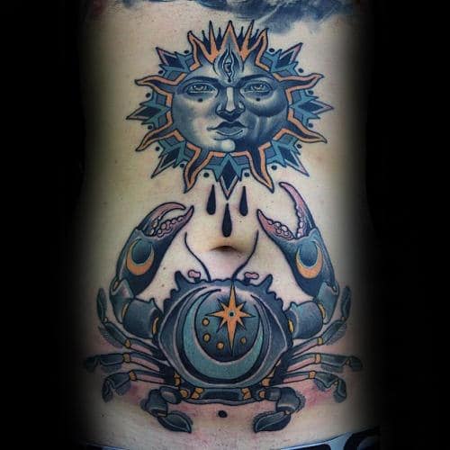 Sun And Moon Crab Mens Stomach And Chest Tattoos