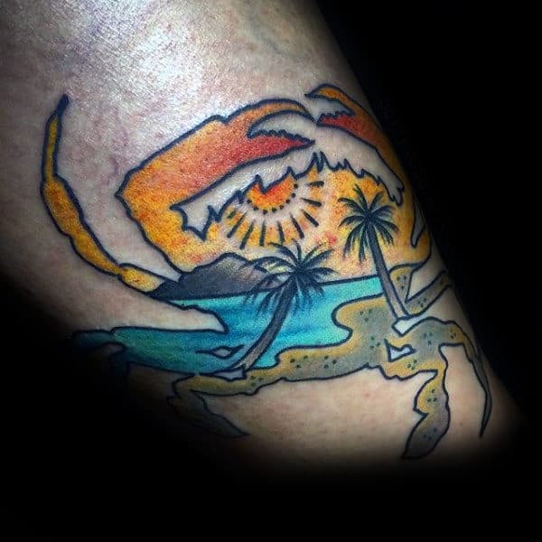 Sunset Ocean Beach Landscape Mens Crab Tattoo On Arm