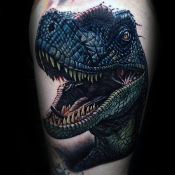 Thigh Dinosaur Head Jurassic Park Male Tattoo Ideas