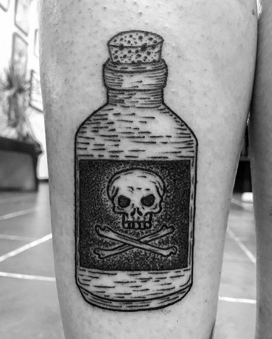 Thigh Skull And Crossbones Poison Bottle Tattoos For Gentlemen