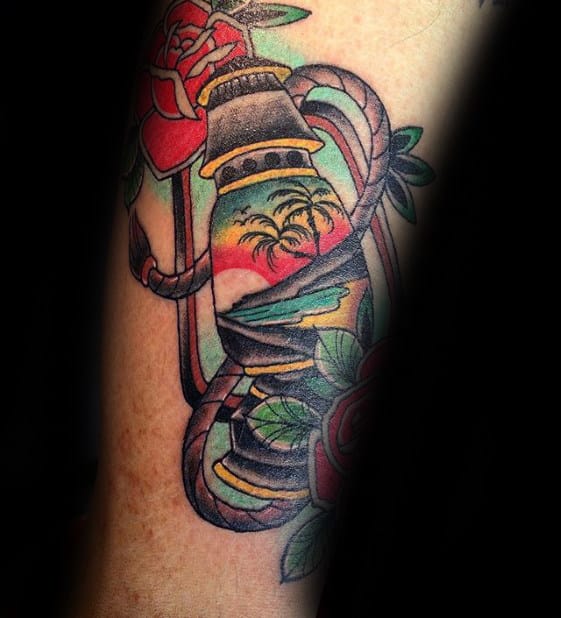 Traditional Lantern With Beach Lanscape And Sunset Mens Leg Tattoo