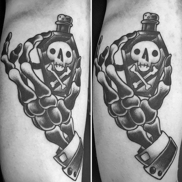 Traditional Male Poison Bottle With Skeleton Hand Arm Tattoo Designs