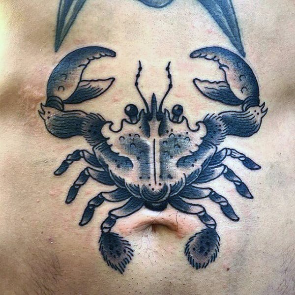 Traditional Mens Black Ink Stomach Crab Tattoo