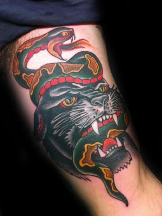 Traditional Panther With Snake In Mouth Mens Arm Tattoo