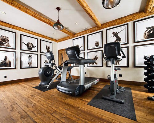 Traditional Rustic Private Home Gym With Treadmill