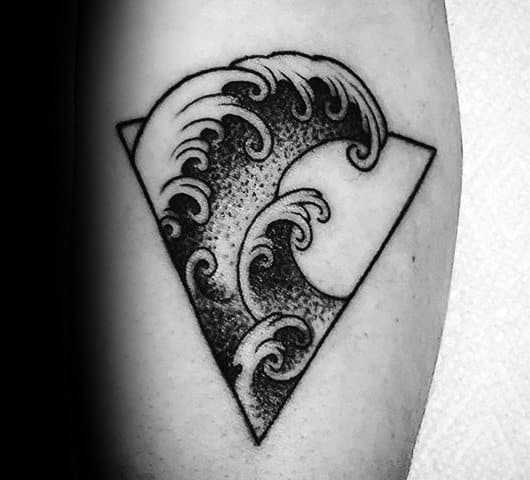 Triangle Black Ink Waves Guys Small Ocean Leg Calf Tattoos