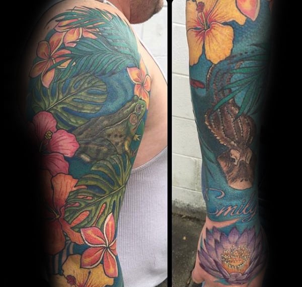 Tropical Hibiscus Flower Mens Sleeve Tattoo