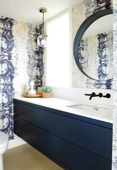 Unique Blue Bathroom Vanity With White Quartz Countertops