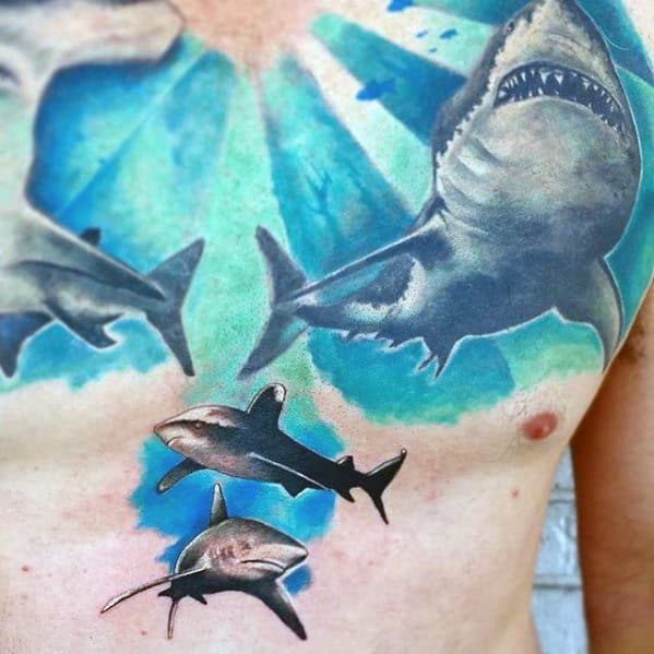 Unique Chest Sharks Swimming In Watercolor Water Mens Tattoo