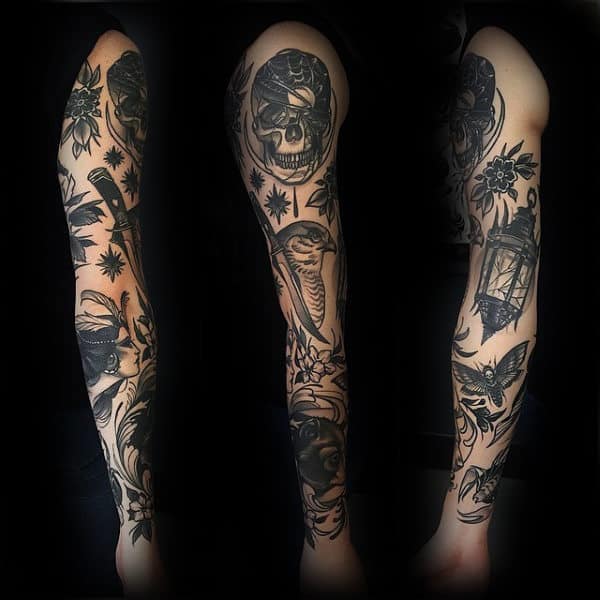 Unique Guys Traditional Sleeve Tattoo Ideas With Black Ink Designs