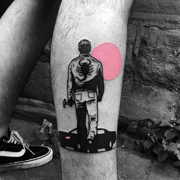 Unique Simple Leg Pink Sun With Man Walking To Car Tattoo