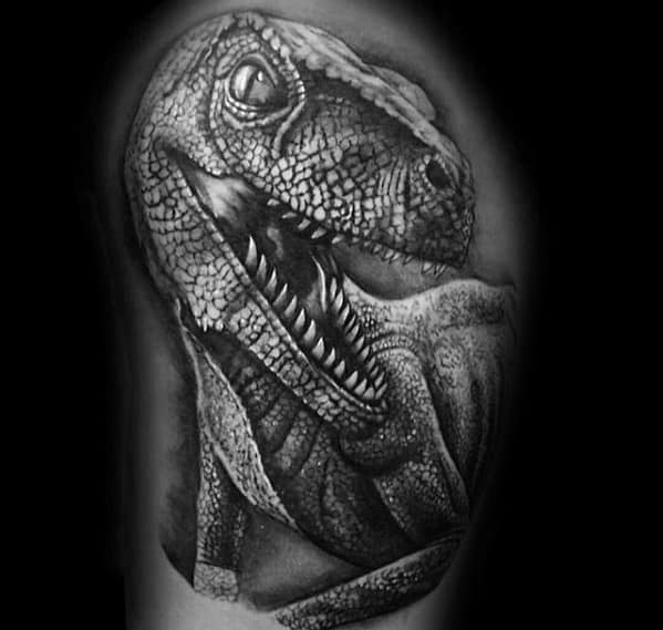 Upper Arm 3d Heavily Shaded Black And Grey Jurassic Park Tattoos For Males