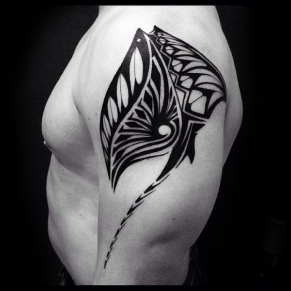 Upper Arm Tribal Stingray Guys Tattoos With Black Ink