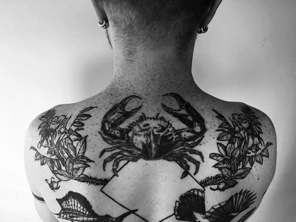 Upper Back Male Black Ink Design Crab Tattoos