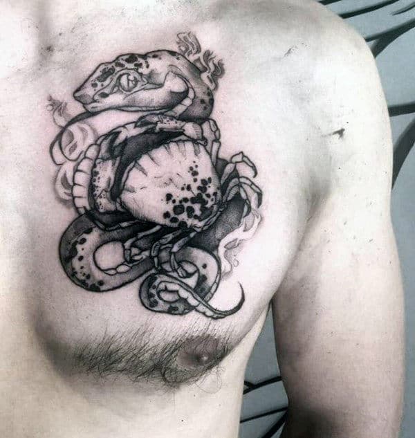 Upper Chest Snake With Crab Guys Shaded Tattoo Designs