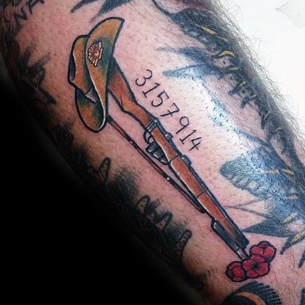 Vintage Rifle With Hat And Flowers Male Filler Tattoos