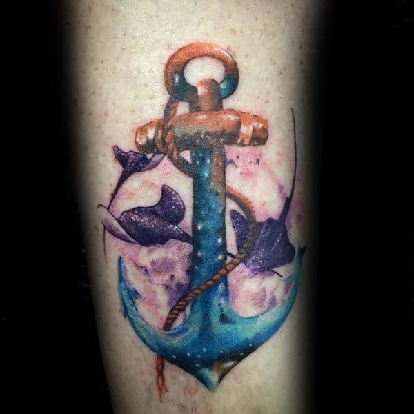 Watercolor Anchor With Stingrays Arm Tattoo On Man